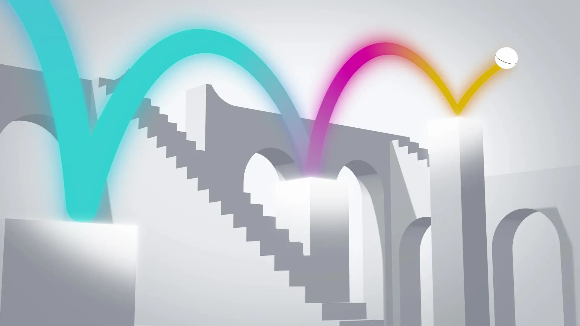 A stylized illustration shows a white ball bouncing along colorful arcs over gray, abstract staircases and columns, creating a surreal, geometric landscape.