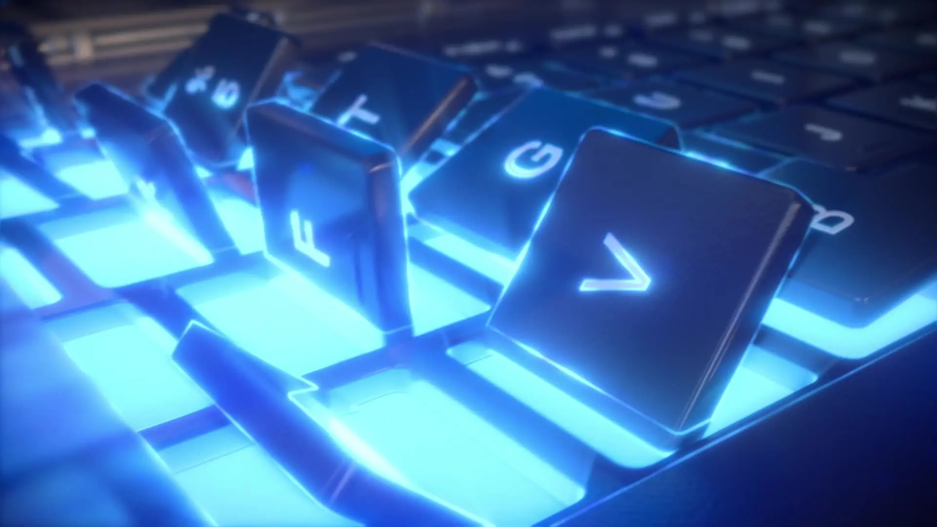 Close-up of a computer keyboard with glowing blue light beneath the keys, some of which are raised or floating above their usual positions.