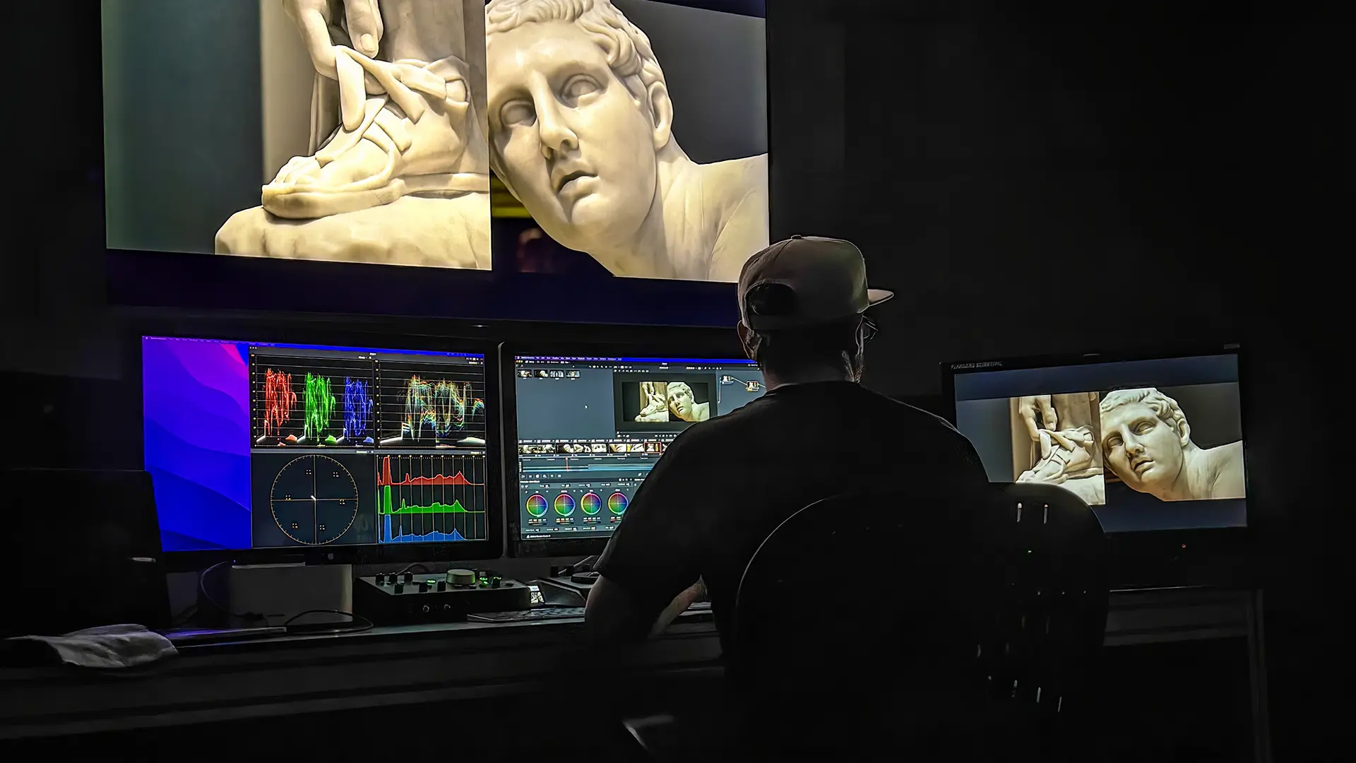 A person wearing a cap sits at a desk with multiple monitors displaying editing software and close-up images of a classical marble statues face and foot in a dimly lit workspace.