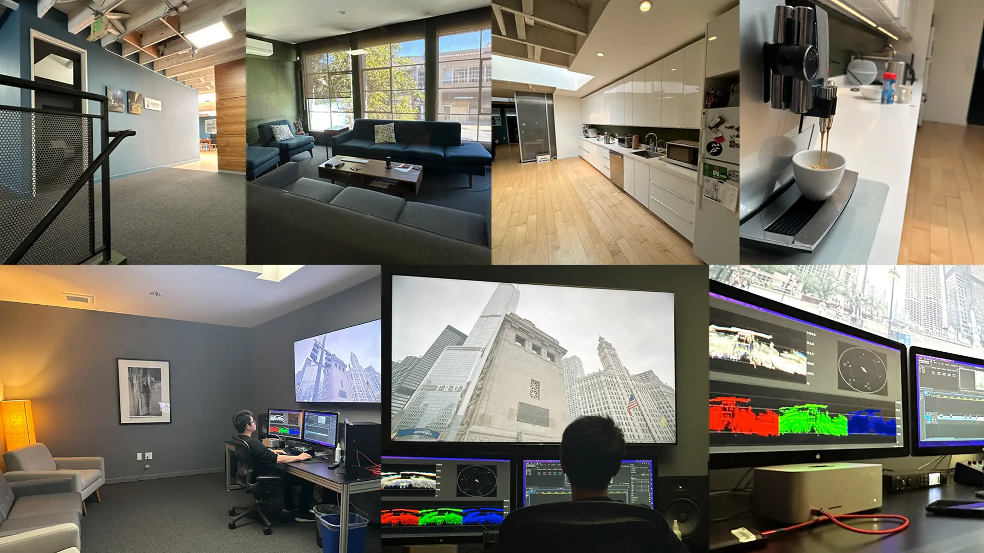 A collage shows a modern office with a lounge area, kitchen, coffee machine with a cup, and two people working at computer stations with large screens displaying graphics and video footage.