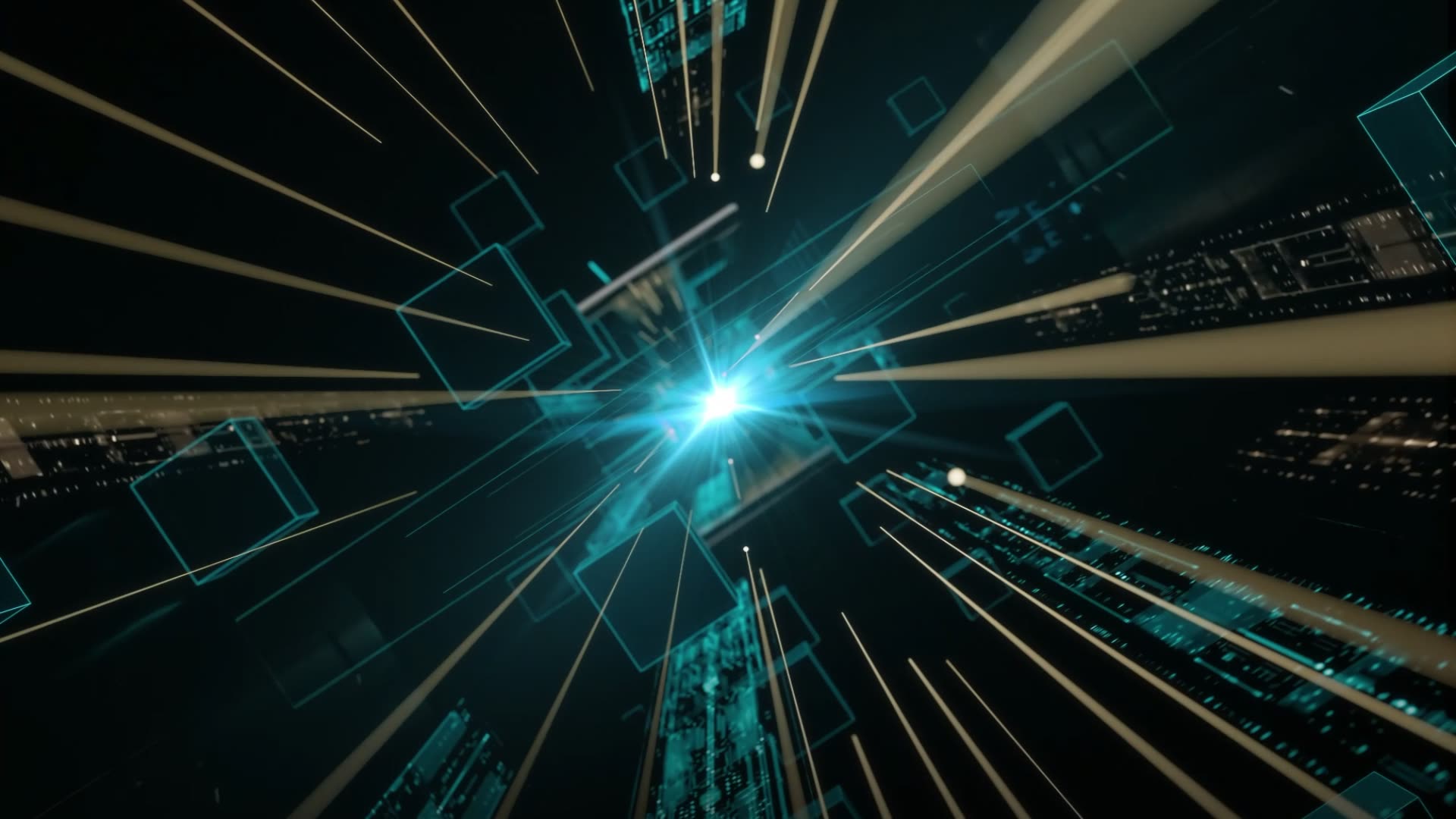 Digital abstract image with glowing blue lines and geometric shapes converges toward a central point, visually narrating how AI’s complex world flows into powerful hardware—reflecting AMD’s mission to power your AI with their latest innovations.