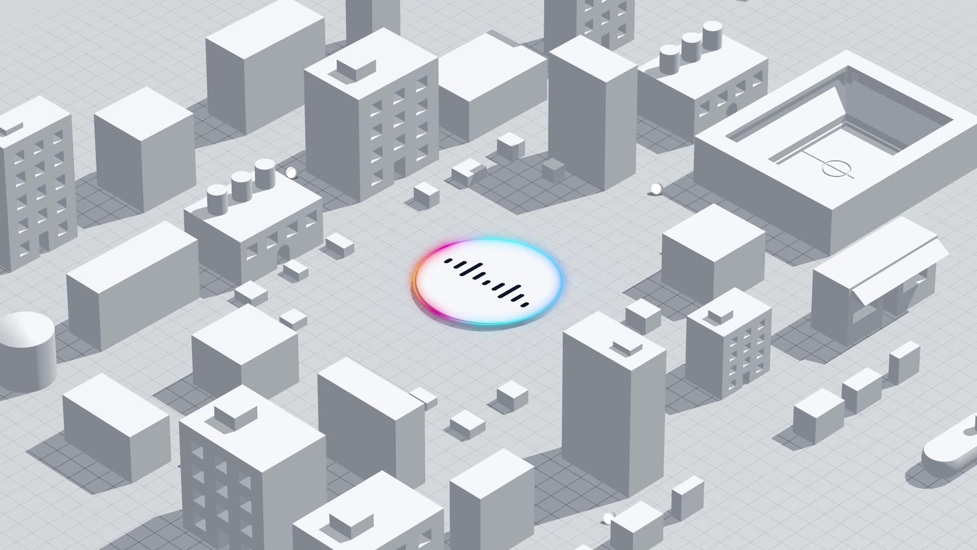 Isometric illustration of a cityscape inspired by Cisco Future Ready Workplaces animated brand campaign, featuring tall gray buildings and a central colorful gradient with a wave-like audio icon, symbolizing Cisco as the solution to reducing friction in the customer journey.